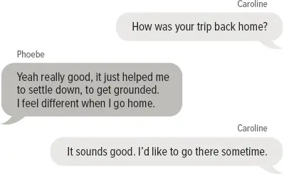 Caroline: How was your trip back home? Phoebe: Yeah really good, it just helped me to settle down, to get grounded. I feel different when I go home. Caroline: It sounds good. I’d like to go there sometime. Phoebe: We’ll take you there soon, for sure!