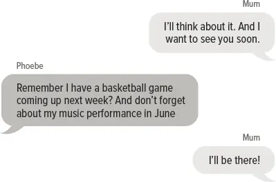 Mum: I’ll think about it. And I want to see you soon. Phoebe: Remember I have a basketball game coming up next week? And don’t forget about my music performance in June Mum: I’ll be there!