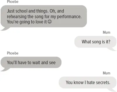 Phoebe: Just school and things. Oh, and rehearsing the song for my performance. You’re going to love it Mum: What song is it? Phoebe: You’ll have to wait and see Mum: You know I hate secrets