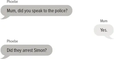 Phoebe: Mum, did you speak to the police? Mum: Yes. Phoebe: Did they arrest Simon? Mum: Unfortunately it’s not like that Phoebe, but at least what he’s done is now on police files.
