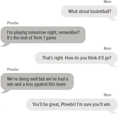 Mum: What about basketball? Phoebe: I’m playing tomorrow night, remember? It’s the end of Term 1 game. Mum: That’s right. How do you think it’ll go? Phoebe: We’re doing well but we’ve had a win and a loss against this team Mum: You’ll be great, Pheebs! I’m sure you’ll win.