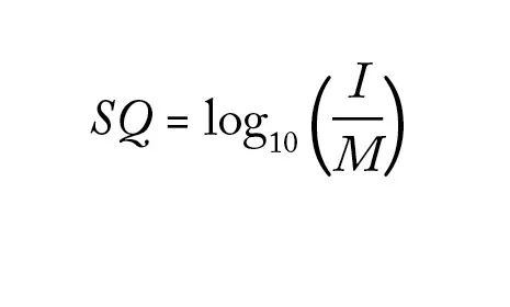 Mathematical equation. SQ equals log 10 open parentheses I over M close parentheses.