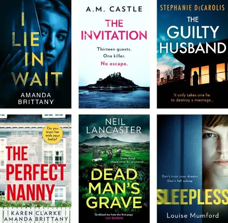 Advertisement images: I Lie in Wait by Amanda Brittany, The Invitation by A. M. Castle, The Guilty Husband by Stephanie Decarolis, The Perfect Nanny by Karen Clarke Amanda Brittany, Dead Man’s Grave by Neil Lancaster, Sleepless by Louise Mumford