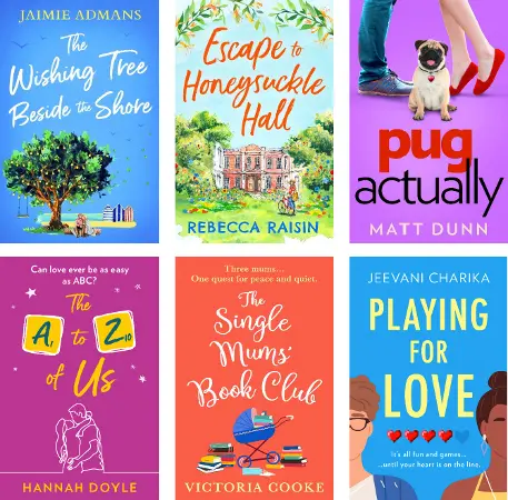 Advertisement images: The Wishing Tree Beside the Shore by Jaimie Admans, Escape to Honeysuckle Hall by Rebecca Raisin, Pug Actually by Matt Dunn, The A to Z of us by Hannah Doyle, The Single Mums’ Book Club by Victoria Cooke, Playing for Love by Jeevani Charika