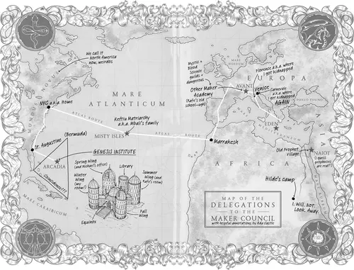 A fictional map titled “Map of the Delegations to the Maker Council with helpful annotations by Ada Castle,” showing locations and annotations related to the Maker Council, including regions in North America, Europe, Africa, and the Atlantic Ocean, with narrative notes.
