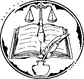 An emblem featuring an open book, scales of justice, and a quill in an inkwell, enclosed in a circular frame.