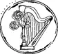 An emblem featuring a harp adorned with two roses, enclosed within a circular frame.