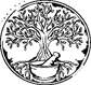 An emblem featuring a tree with extensive roots, positioned behind a mortar and pestle, enclosed in a circular frame.
