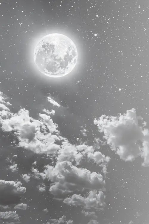 Night sky with a glowing full moon, scattered stars and clouds.