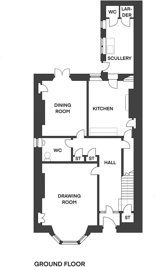 Floor plan of a semi-detached house, starting with the front door on the bottom-right. Moving clock-wise through the plan, the drawing room is immediately to the left of the door off of the hallway, followed by a WC, then the dining room, then the kitchen. Off of the back of the kitchen is a small scullery, with another WC and a larder. There is also a small staircase in the scullery leading upstairs. The hallway leads back to the entryway and the front door, where there is the entrance to the main staircase.