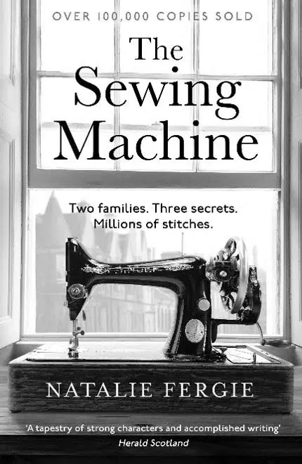 The advert image for The Sewing Machine by Natalie Fergie. An antique Singer sewing machine with handcrank, sits in front of a sash window open to the streets of Edinburgh below.