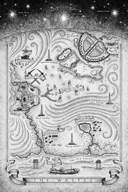 A map showing various landmarks and bodies of water around the wastes. Such as Harlie’s Hope, The Barrel, Powder Town, Burning Ground, Alkali Lake, Dead River, and the Ark.