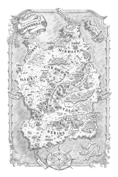 Map of the kingdoms of Wnderall, showing Jiirva, Mirraven, the island of Odon, Evalon, the serpent isles, Nerine, Valorn, Caramor, and Hadris.