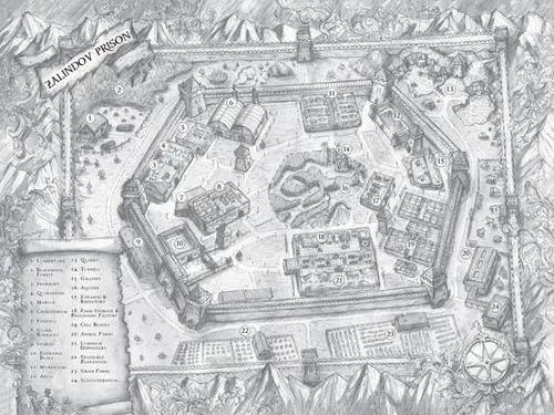 Map of Zalindov prison, with a key labeling, from left to right, the lumberyard, blackwood forest, infirmary, quarantine, morgue, crematorium, kennels, guard barracks, stables, entrance block, workrooms, abyss, quarry, tunnels, gallows, aquifer, kitchens and refectory, food storage and processing factory, cell blocks, animal farms, luminum depository, vegetable plantation, grain farms, and slaughterhouse
