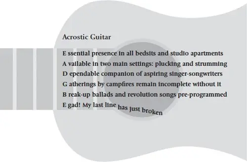 Acrostic Guitar E ssential presence in all bedsits and studio apartments  A vailable in two main settings: plucking and strumming  D ependable companion of aspiring singer-songwriters  G atherings by campfires remain incomplete without it  B reak-up ballads and revolution songs pre-programmed  E gad! My last line has just broken