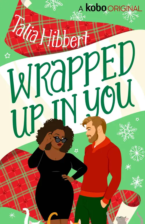 Cover: Wrapped up in you by Talia Hibbert. Illustration of black woman looking at white man over lowered sunglasses against a green snowflakes and wrapping paper background