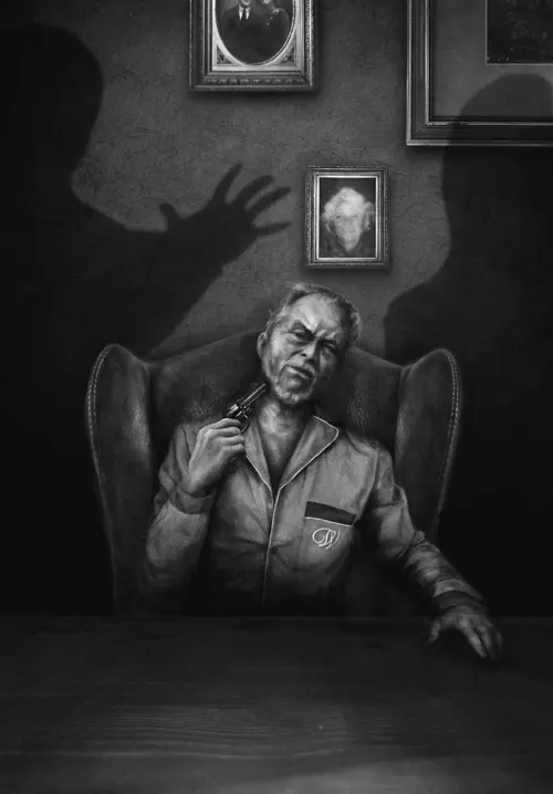 illustration showing shadows reaching toward Wooldridge who is sitting behind his desk with a gun to his chin