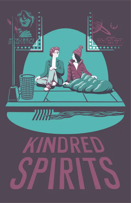 A young woman and a young man are seated against a wall on a sidewalk. The woman is cosily dressed in a sweater and woolen cap with her legs tucked in a sleeping bag. The title reads, kindred spirits.