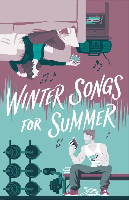 An upside-down image shows a young girl seated beside her music system holding a disc. Merged with it is an upright image that shows a youthful, muscular man sitting next to his exercise equipment holding a music disc. The title reads, winter songs for summer.