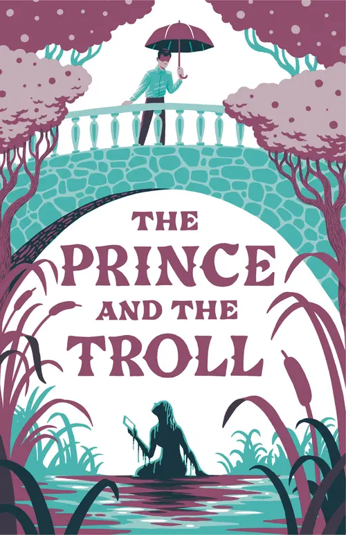 A man standing on a bridge holding an umbrella looks down at a woman seated on a sand bed holding a mobile phone as water drips from all over her body.  The title reads, the prince and the troll.
