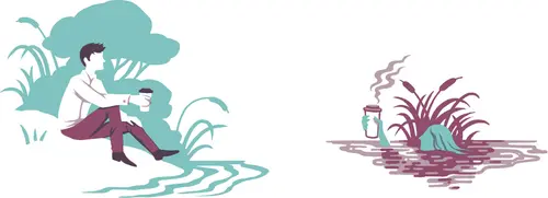 A young man sits beside a water body holding a coffee cup while a woman looks up from the water body holding her coffee cup lifted.