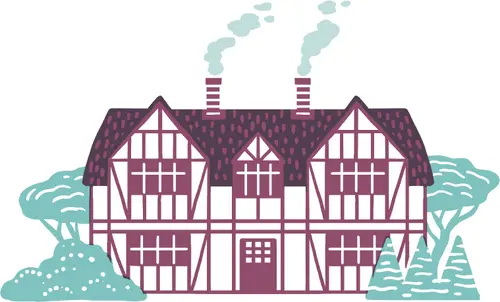 A mansion house with two smoking chimneys on the sloped roof.